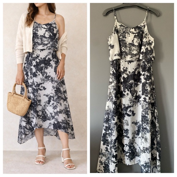 The Vanca Dresses & Skirts - Black White Floral Midi Dress M Quiet Luxury Wedding Guest Minimalist Chic